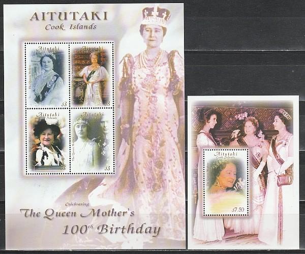 Аитутаки 2000, 100 лет Королеве Матери, малый лист + блок